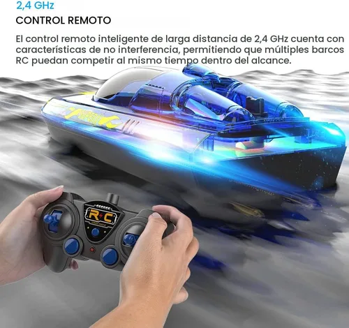 Vista 4 de Akargol Bote RC con LED - Barco de control remoto para piscinas y lagos 2.4 GHz, barcos RC con 2 baterías recargables, cuerpo completamente