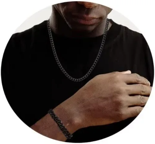 18K Real Gold Plated Silver Black Chain Necklace and Bracelets for Men Gifts Necklace and Bracelet Set for Men Bracelets for Men Cuban Chain for Men