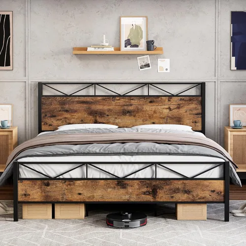 Vista 7 de Senfot Base de cama de tamaño matrimonial con cabecera y estribo de madera rústica, plataforma de metal, soporte de listones de acero resistente,