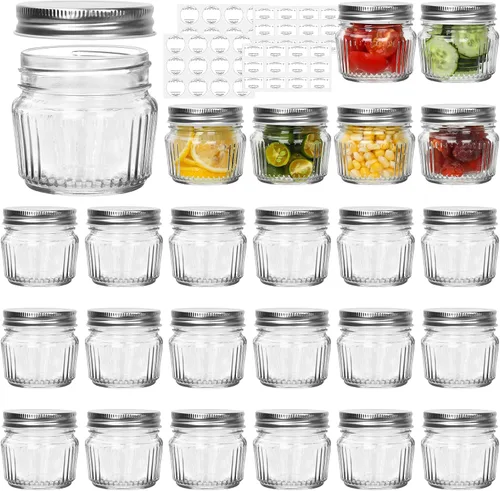 Vista 9 de Frascos de vidrio Mason de boca regular, tarros Mason mini de 4 oz, paquete de 8 frascos de vidrio transparente con tapas de plástico coloridas
