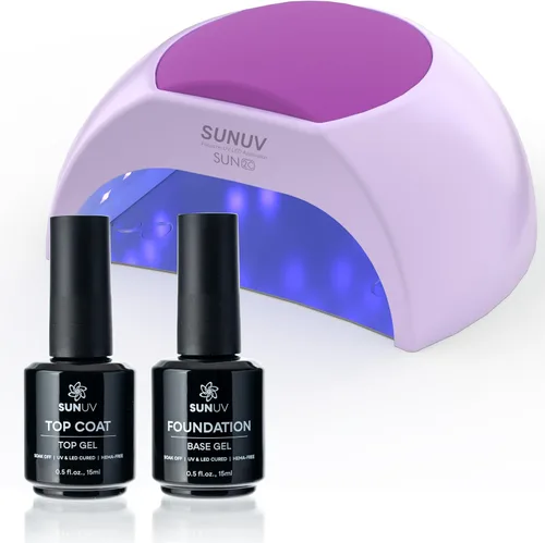 SUNUV Luz UV de 48 W para uñas, 0.5 onzas líquidas, capa superior y base, juego de esmalte de gel para uso doméstico y salón SUN2C morado