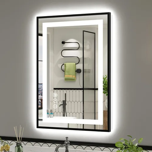 Vista 90 de Briivue Espejo de baño LED de 20 x 28 pulgadas con luces, retroiluminado y frontal iluminado, espejo de tocador de baño con luz antiniebla