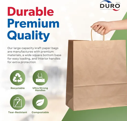 Vista 5 de DURO Bolsas de regalo de papel marrón de 10 x 6.75 x 12 pulgadas con asas, bolsas de compras de papel kraft reciclado con asas a granel