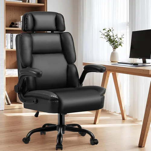 Vista 2 de Cómoda silla de oficina con reposacabezas ajustable, silla de escritorio ejecutiva de cuero con soporte lumbar, función mecedora, silla ergonómica