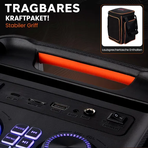 Vista 6 de Pyle Altavoz portátil Bluetooth para fiestas con woofer de 8 pulgadas, función TWS, batería recargable de 100W, entrada de micrófono, eco, control