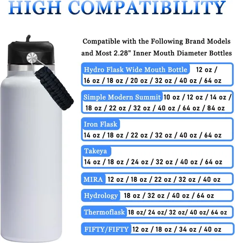 Vista 4 de Haloera Upgraded Straw Lid for Hydro Flask and Thermoflask, Simple Modern, Iron Flask Lid Accessories, Handmade Paracord Handle Straw Cover for