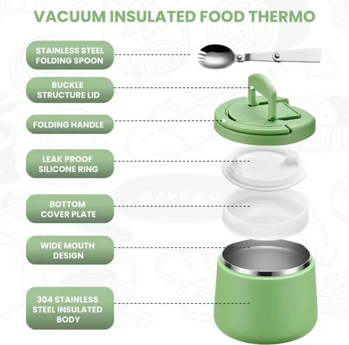 Vista 3 de Itslife Termo de sopa aislado al vacío de 14 onzas para comida caliente, recipiente de almuerzo para niños con tapa de hebilla a prueba de fugas