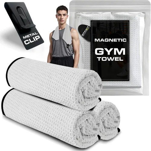 STICKIT Toalla deportiva magnética, color blanco, toalla de microfibra de primer nivel con bolsillos profundos de gofre, imán potente para una