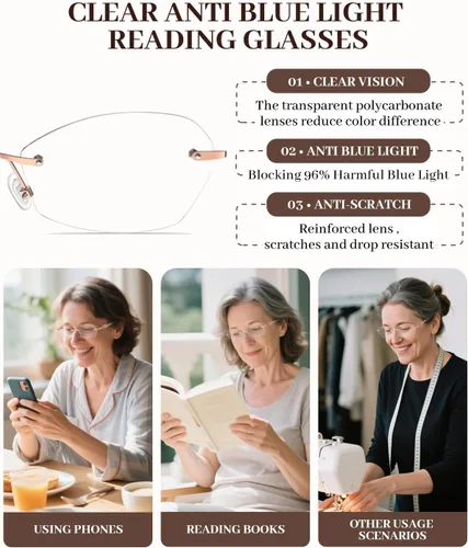 Vista 10 de LUFF Rimless Reading Glasses For Women Blue Light Computer Readers Lightweight 16g Metal Frame Eye Strain Relief