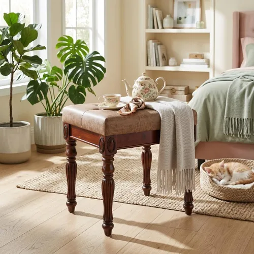 Vista 11 de Taburete de tocador con asiento tapizado, banco de piano con patas talladas de madera maciza, cojín acolchado para sillas de hogar, banco de tocador