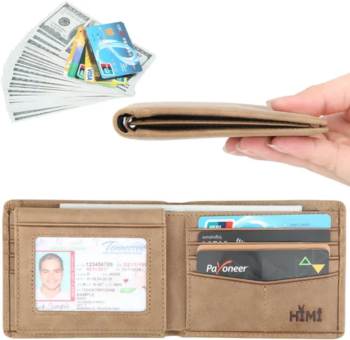 Vista 2 de Cartera de piel auténtica para hombre, con bloqueo RFID, billetera elegante con 2 ventanas de identificación