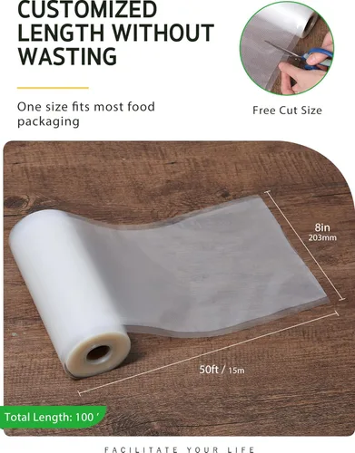 Vista 2 de Bolsas selladoras al vacío Syntus, 2 rollos de 8" x 50' de grado comercial, bolsas al vacío para alimentos libres de BPA para almacenamiento