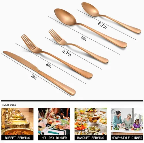 Vista 2 de Juego de cubiertos de oro rosa mate, 40 piezas de acero inoxidable mate, juego de cubiertos de oro rosa, servicio de vajilla para 8, utensilios