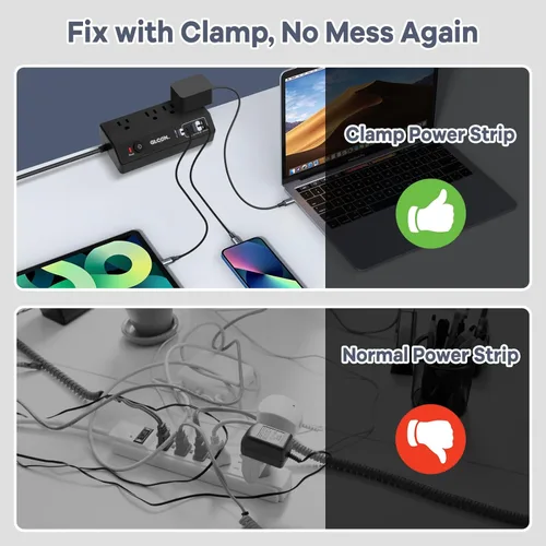 Vista 5 de Regleta de Energía con Abrazadera para Escritorio - Estación de Carga Rápida USB C de 20W - Regleta de Energía para Escritorio con Enchufe Plano