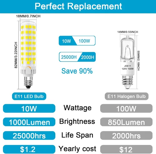 Vista 9 de Bombilla LED E11 regulable, JDE11 120 V 100 W equivalente a halógeno, base de mini candelabro T3/T4, 3000 K blanco cálido, 10 W, 1000 lúmenes
