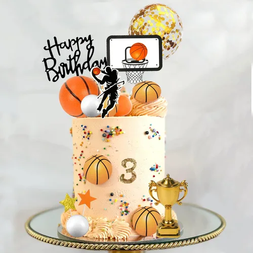 Vista 3 de 29 adornos de baloncesto para tartas de baloncesto con bolas doradas de estrella para cumpleaños de hombres