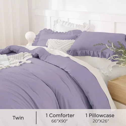 Vista 263 de Andency - Edredón beige con volantes tamaño individual, de 2 piezas, estilo rústico shabby clásico para niños, ligero y suave de microfibra