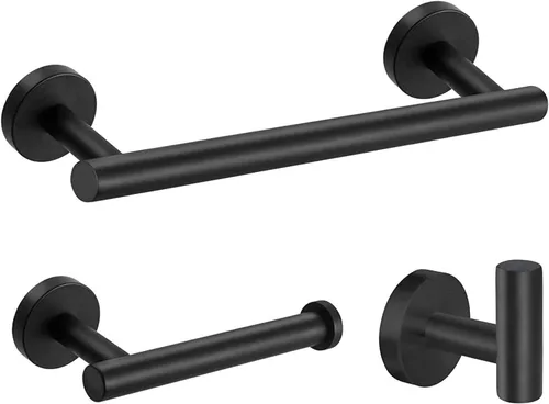 Kit de accesorios de baño de 3 piezas, accesorios de baño negro mate SUS304 de acero inoxidable montado en la pared, incluye barra de toalla de mano