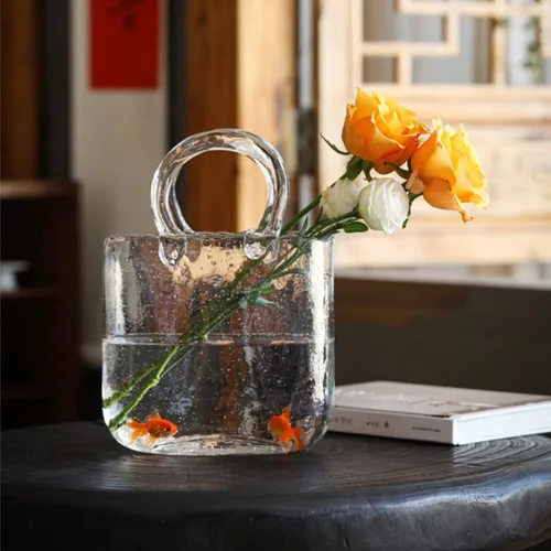 Vista 6 de Jarrón decorativo para flores, florero decorativo de vidrio transparente, cuenco de pescado con burbujas, florero transparente con forma de bolso