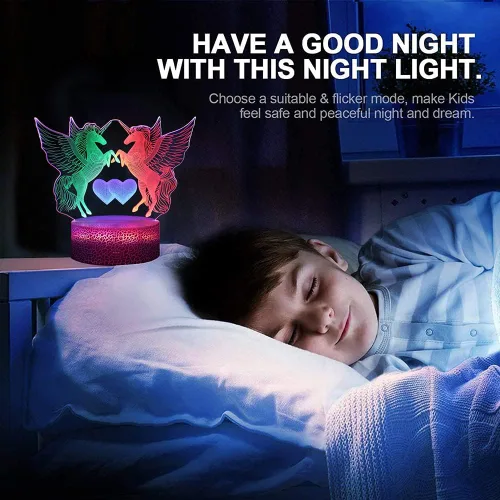 Vista 6 de Luz nocturna de unicornio con ilusión 3D para niños, luz nocturna LED regulable con control remoto y tacto inteligente y cable USB y lámpara