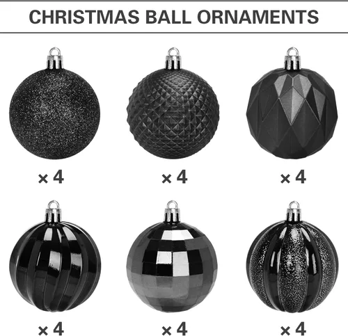 Vista 3 de JULMELON 24 adornos para árbol de Navidad, bolas negras para decoración navideña (negro, 2.36 pulgadas/2.362 in)