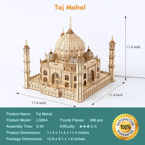 Vista 4 de Taj Mahal - Rompecabezas de madera 3D 388 piezas, kit de construcción de arquitectura de luz LED, sin pegamento, modelo de bricolaje, decoración