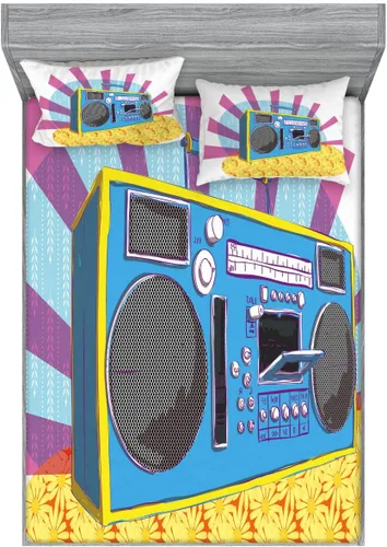 Ambesonne Retro 2 Pack Fitted Sheet & Pillow Sham Set, Boom Box Pop Art Dance, 4 Pcs Bedding Decor, Package Contains 2 Full Size Fitted Sheets & 4