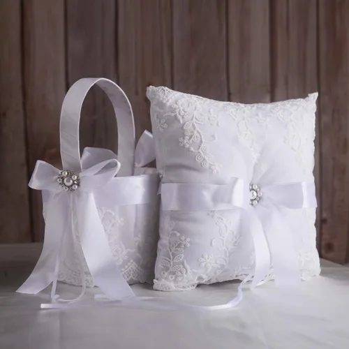 TRUE LOVE GIFT Juego de almohada portadora de anillos y cesta de niña de flores de boda, diamantes de imitación de perlas, colección de encaje