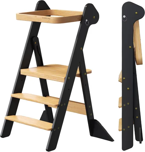 COSYLAND Foldi - Taburete de cocina plegable para niños pequeños, altura ajustable, torre de pie para niños de 18 meses a 6 años, color negro y