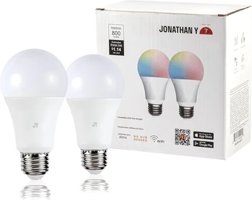 Vista 2 de JONATHAN Y BLB2000A-SET2 Bombilla inteligente A19 regulable, LED que cambia de color regulable, Alexa, compatible con Google Home Assistant,