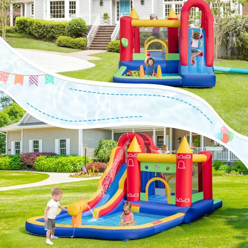 Vista 7 de HONEY JOY Tobogán acuático inflable, casa de rebote de tobogán acuático 9 en 1 con piscina de salpicaduras, tobogán largo, pozo de bolas con 50