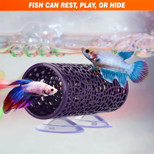 Vista 6 de Abizoo Betta Cueva, túnel de pez Betta púrpura con agujeros para peces pequeños, hábitat de camarones, juguetes Betta, refugio, escondite, hamaca