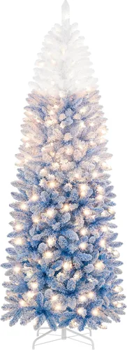 Vista 13 de Yaheetech Árbol de Navidad de Abeto Tipo Lápiz Preiluminado con Nieve Artificial de 6 pies con Bisagras, Árbol de Navidad Delgado para Esquina