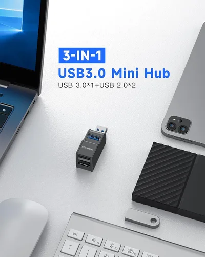 Vista 2 de FORIDA Adaptador USB de 3 Puertos, Hub USB con USB 3.0 y Adaptador USB Doble, Divisor USB Portátil 1 en 3 Salidas para Teclado, Disco Duro Móvil
