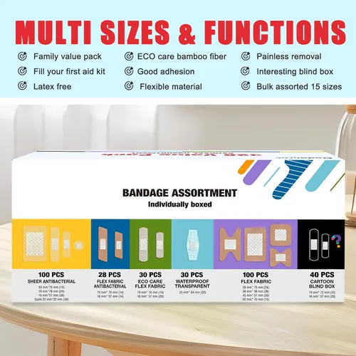 Vista 6 de Paquete de vendajes variados, 328 unidades, varios tamaños, formas y características Tela transparente y flexible con benzalconio, tela de bambú