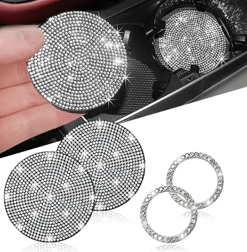 Vista 20 de NBTEPEM 4 posavasos de auto con diamantes de imitación, 2.75 pulgadas, antideslizantes, a prueba de golpes, universal, a la moda, portavasos