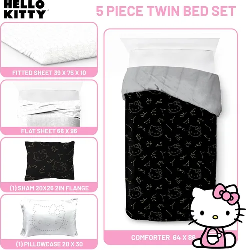 Vista 3 de Jay Franco - Juego de edredón de Hello Kitty Stars tamaño individual, 5 piezas, incluye juego de sábanas y fundas de almohada - Ropa de cama súper