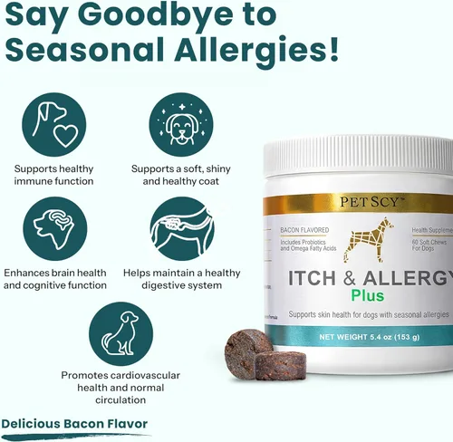 Vista 2 de PetScy Golosinas masticables para el alivio de la picazón y las alergias para perros con piel, orejas y patas con picazón Probióticos, moringa