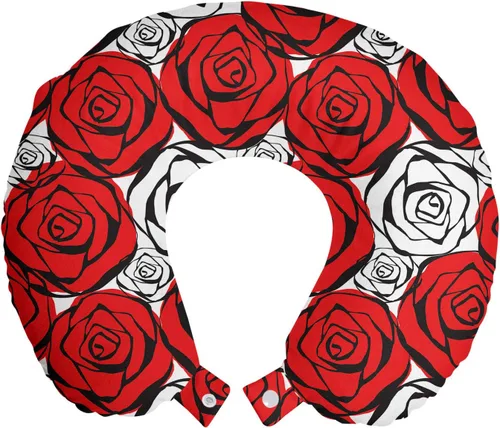 Ambesonne Red and Black Travel Pillow Neck Rest, Roses with Black Contours in Retro Style Feminine Nature Inspired, Memory Foam Traveling Accessory