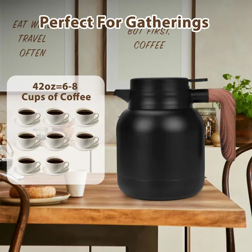 Vista 4 de Jarra térmica de café de 42 onzas, jarra térmica aislada, jarra de café aislada de acero inoxidable para mantener bebidas calientes/frías, Negro