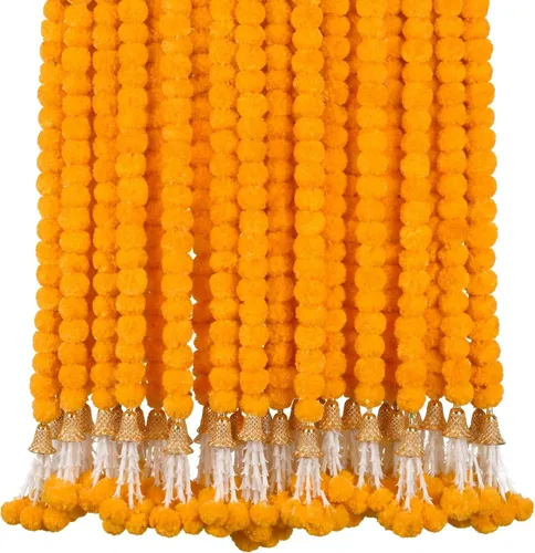 Vista 7 de 5 guirnaldas de caléndula de 5 pies de largo para decoración de hebras largas, flores artificiales de caléndula Decoración india para Pooja Boda