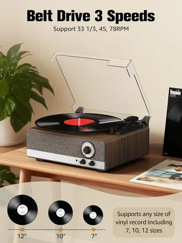 Vista 2 de Tocadiscos Bluetooth 7 en 1 con altavoces estéreo integrados, compatible con entrada y salida Bluetooth y radio AM/FM, tocadiscos de transmisión por