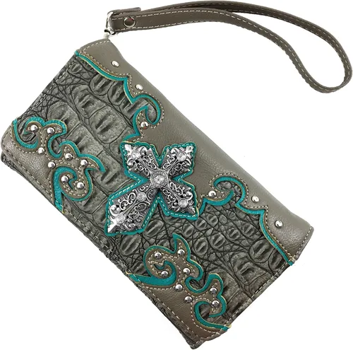 Vista 2 de Justin West Western Tooled Croc - Cartera de plata con diamantes de imitación