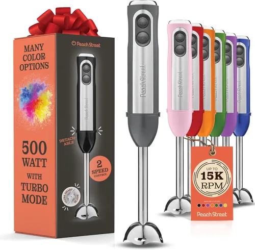 Vista 12 de Potente licuadora de inmersión, licuadora de mano eléctrica de 500 vatios con modo turbo, base desmontable. Licuadora de cocina manual con varilla