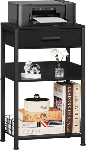 Lerliuo Mesa de impresora negra pura con cajón de tela, soporte de impresora de madera industrial de 3 niveles con estante de almacenamiento, mesa