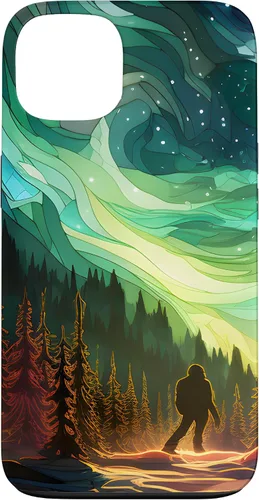 Vista 6 de Funda para iPhone 15 Bigfoot Sasquatch Forest Northern Lights Starry Sky