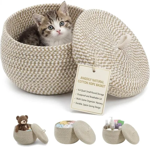 Angoily Cesta de almacenamiento, 6.6 cuartos de galón de cuerda de algodón tejida con tapa, 1.6 galones pequeña redonda decorativa caja organizadora