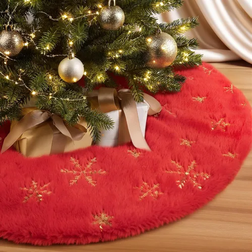 Falda de árbol de Navidad de piel sintética de felpa roja de 28 pulgadas Rojo con copos de nieve dorados