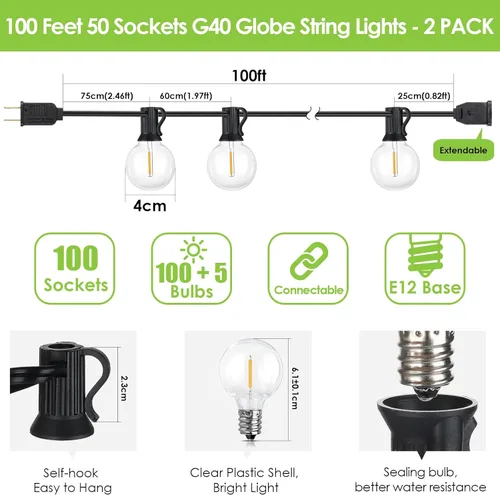 Vista 4 de Mlambert Luces de Cadena LED para Exteriores de 200 Pies (2x100 Pies) Impermeables Regulables G40 Luces Globo para Patio con 100+5 Bombillas