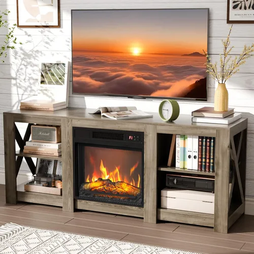 Vista 11 de VINGLI Soporte de TV con chimenea de 58 pulgadas, centro de entretenimiento con calentador eléctrico de chimenea de 18 pulgadas, mesa consola